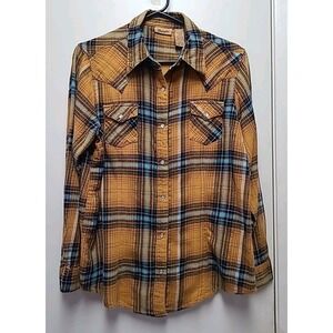 Wrangler Mustard Plaid Western Cowgirl Snap Long Sleeve Women's Shirt L